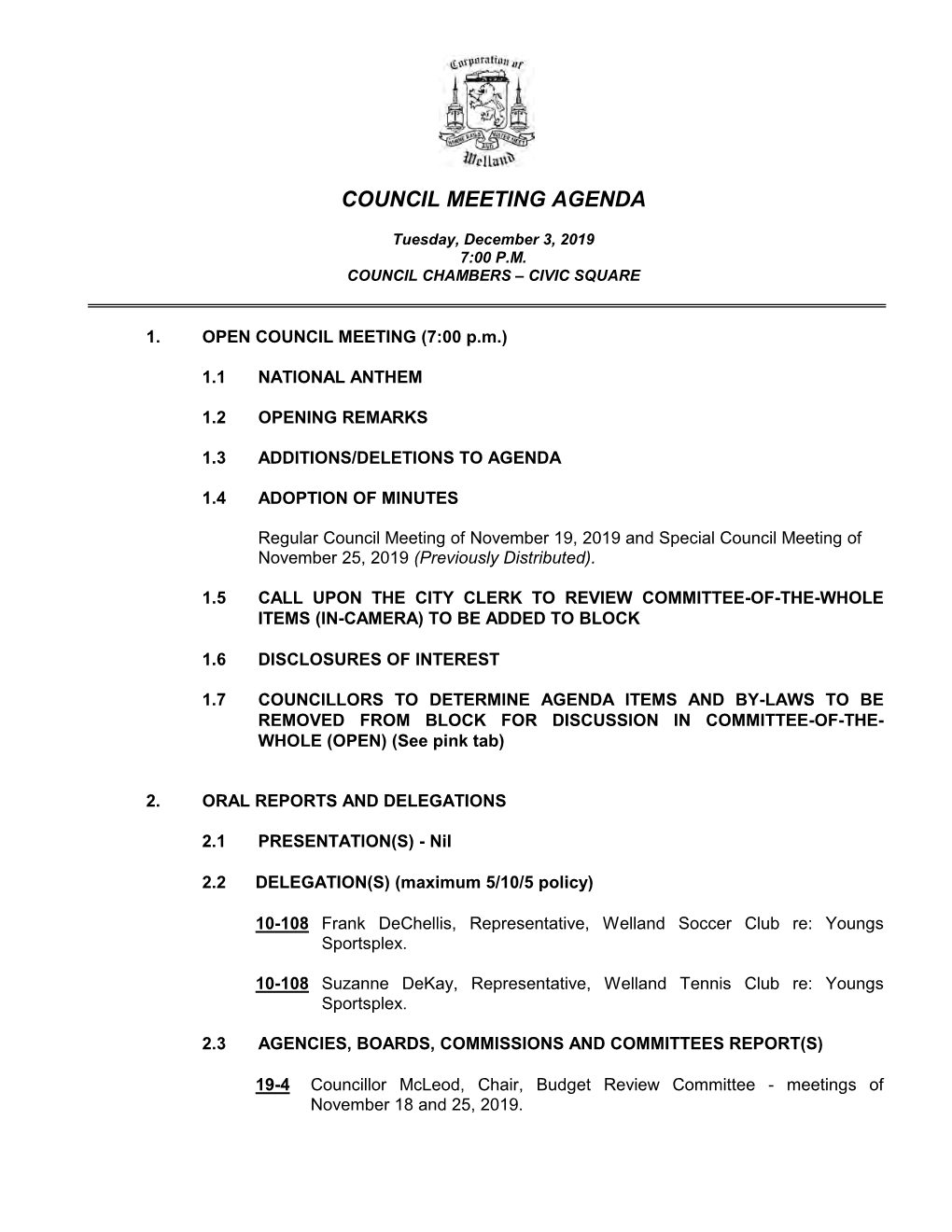 Council Meeting Agenda December 3, 2019