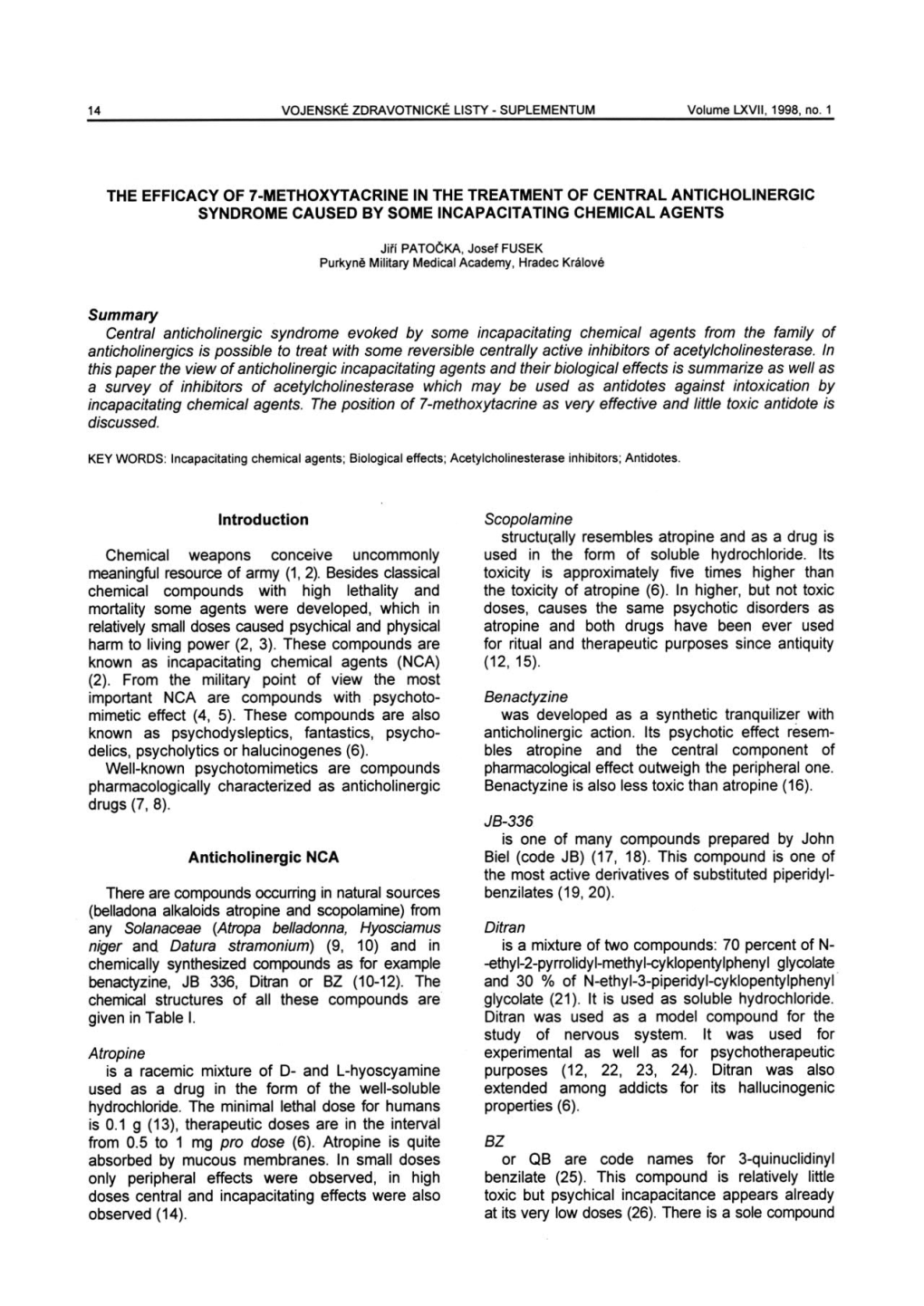 The Efficacy of 7-Methoxytacrine in the Treatment of Central Anticholinergic Syndrome Caused by Some Incapacitating Chemical Agents