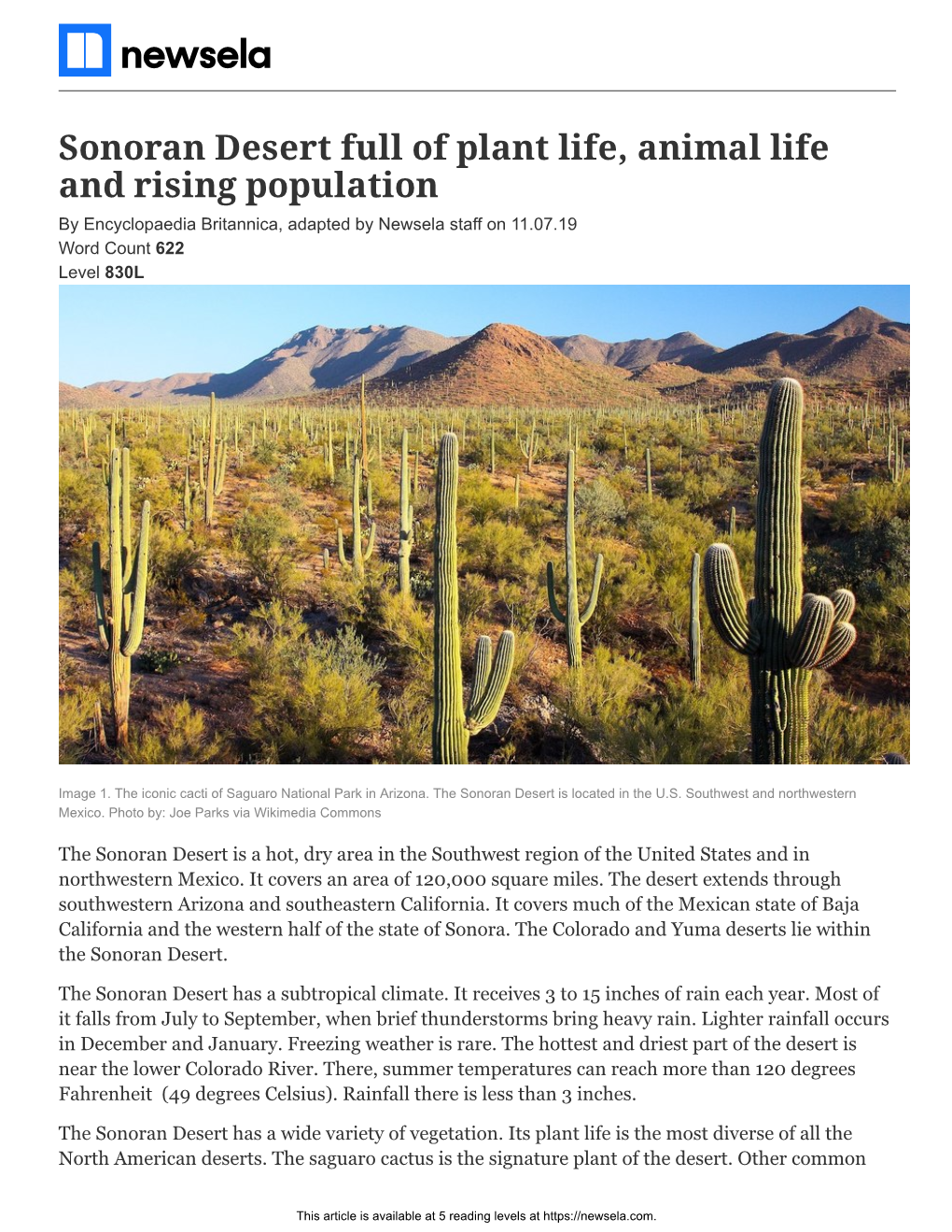 Sonoran Desert Full of Plant Life, Animal Life and Rising Population by Encyclopaedia Britannica, Adapted by Newsela Staff on 11.07.19 Word Count 622 Level 830L