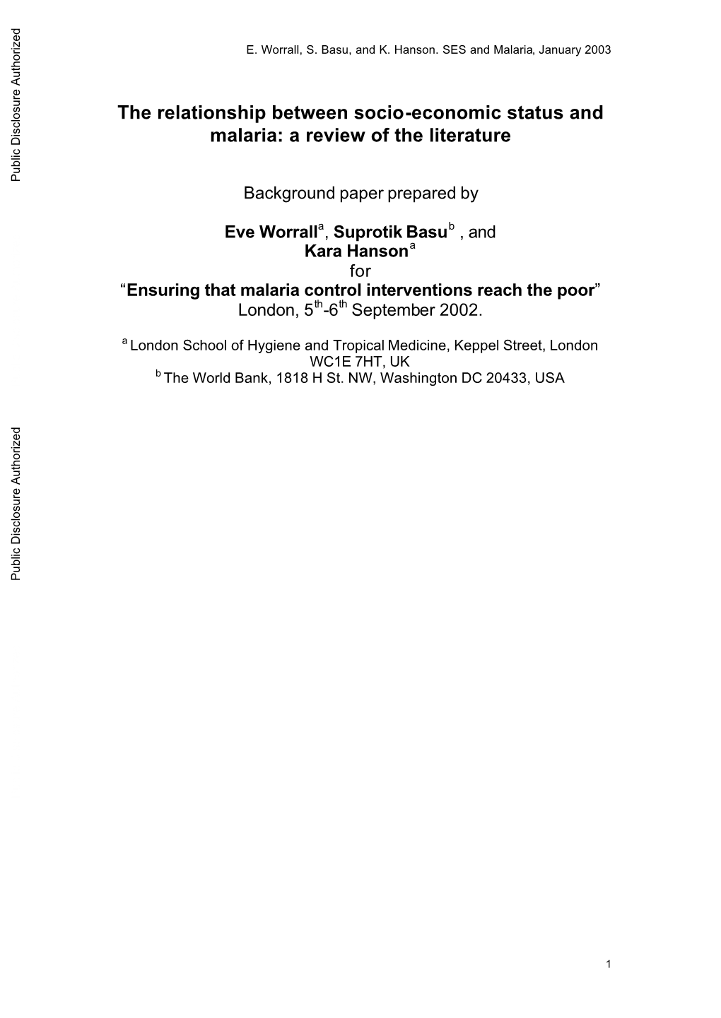 The Relationship Between Socio-Economic Status and Malaria: a Review of the Literature