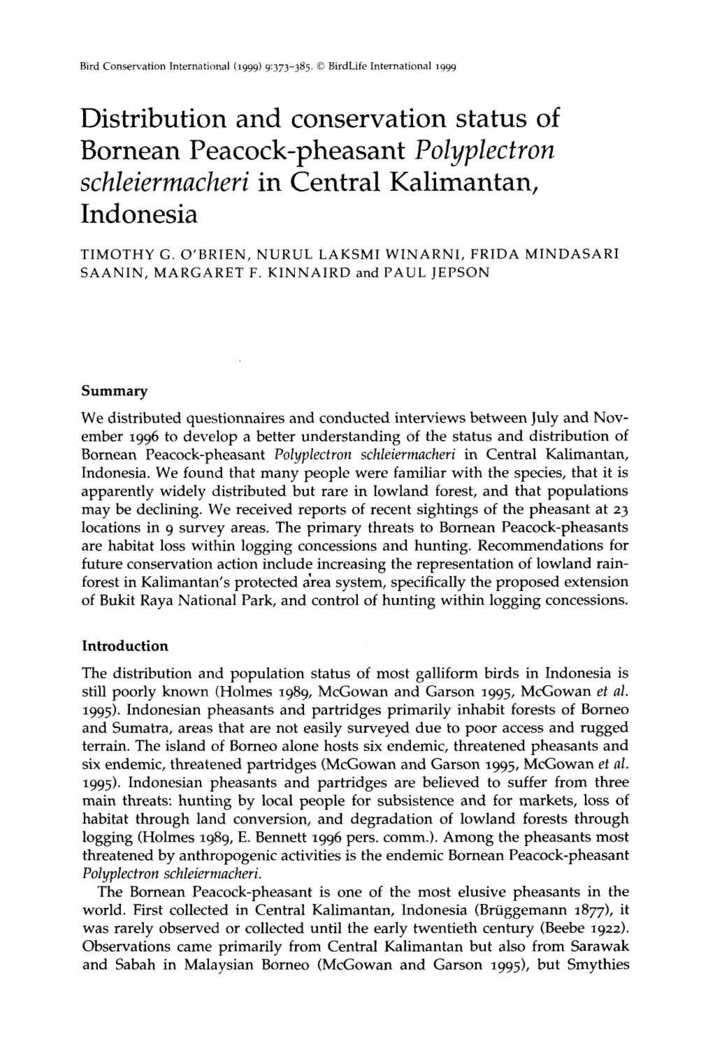 Distribution and Conservation Status of Bornean Peacock-Pheasant Polyplectron Schleiermacheri in Central Kalimantan, Indonesia