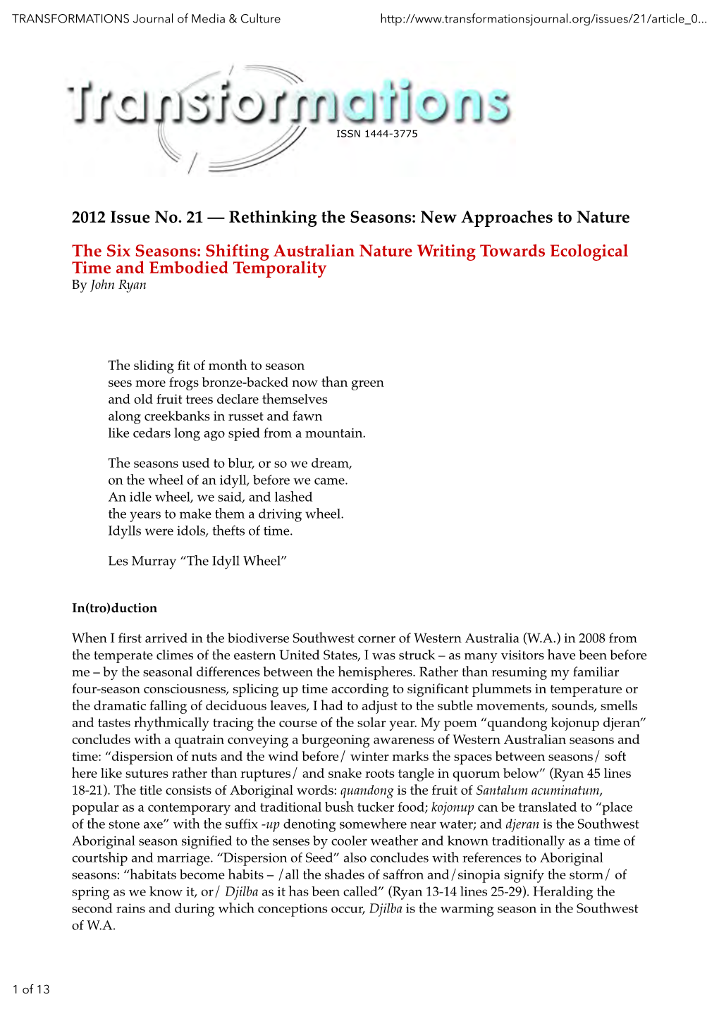 The Six Seasons: Shifting Australian Nature Writing Towards Ecological Time and Embodied Temporality by John Ryan