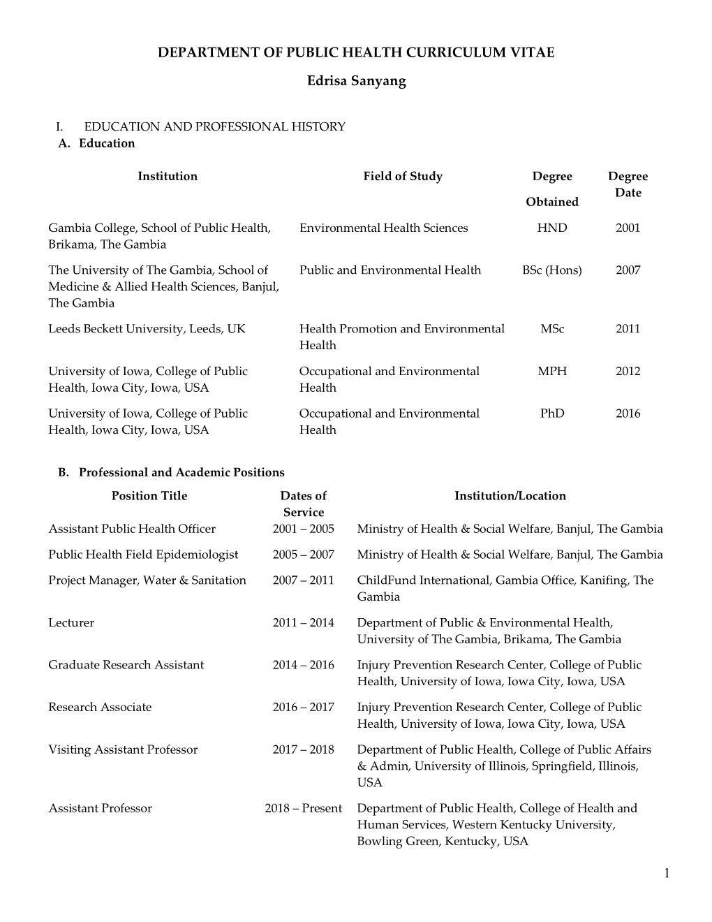 1 Department of Public Health Curriculum Vitae