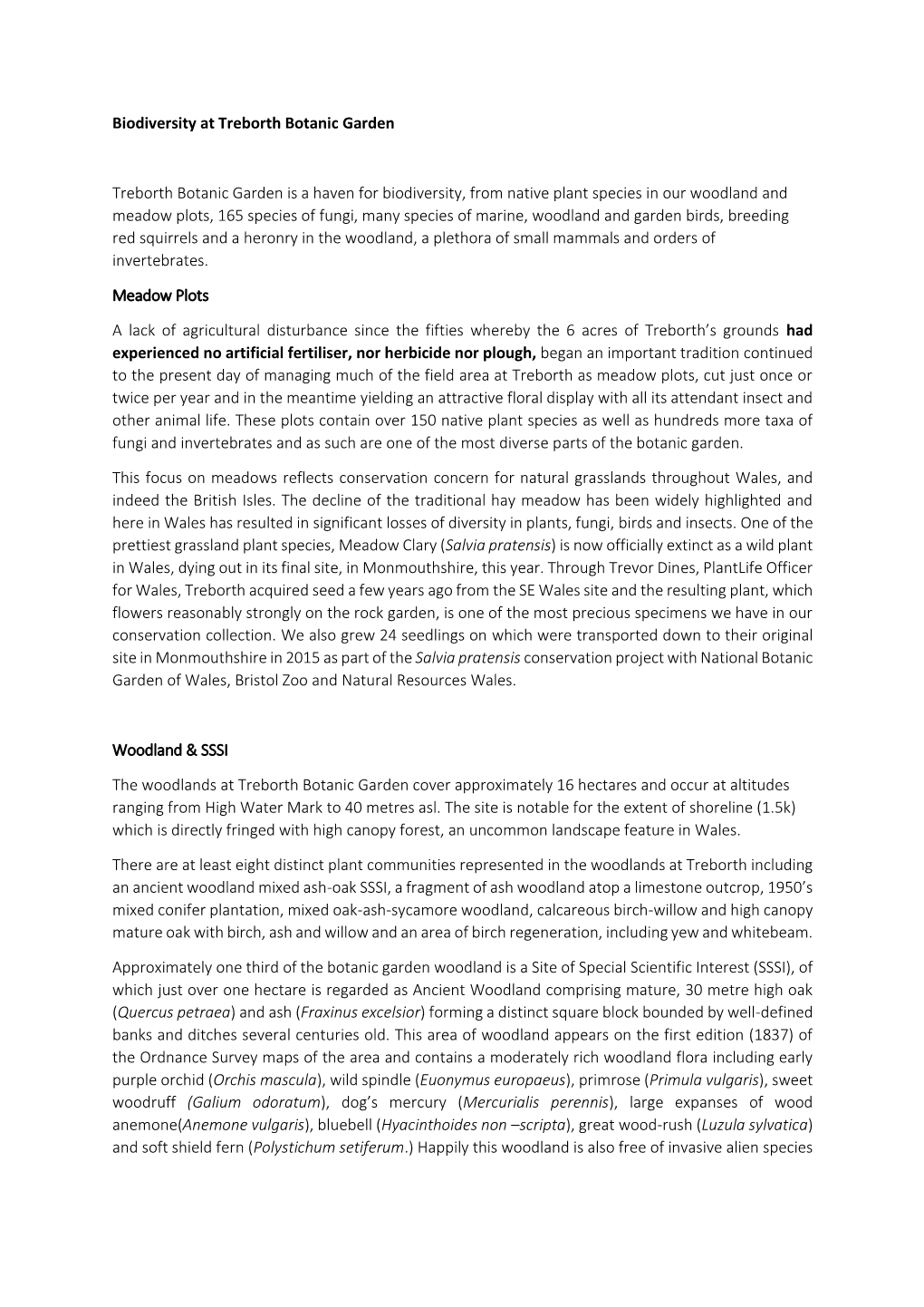 Summary of Biodiversity at Treborth Botanic Garden