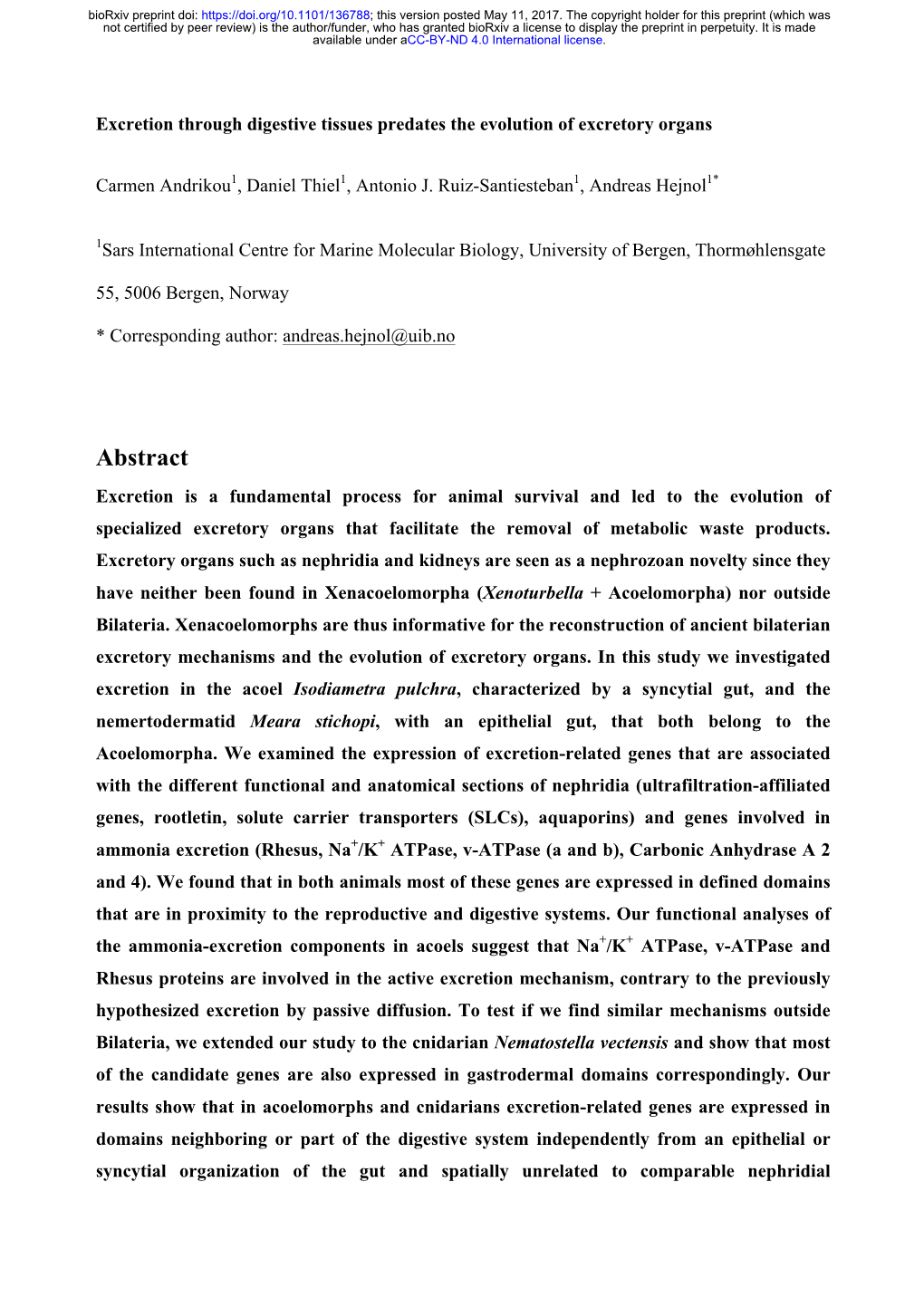 Excretion Through Digestive Tissues Predates the Evolution of Excretory Organs