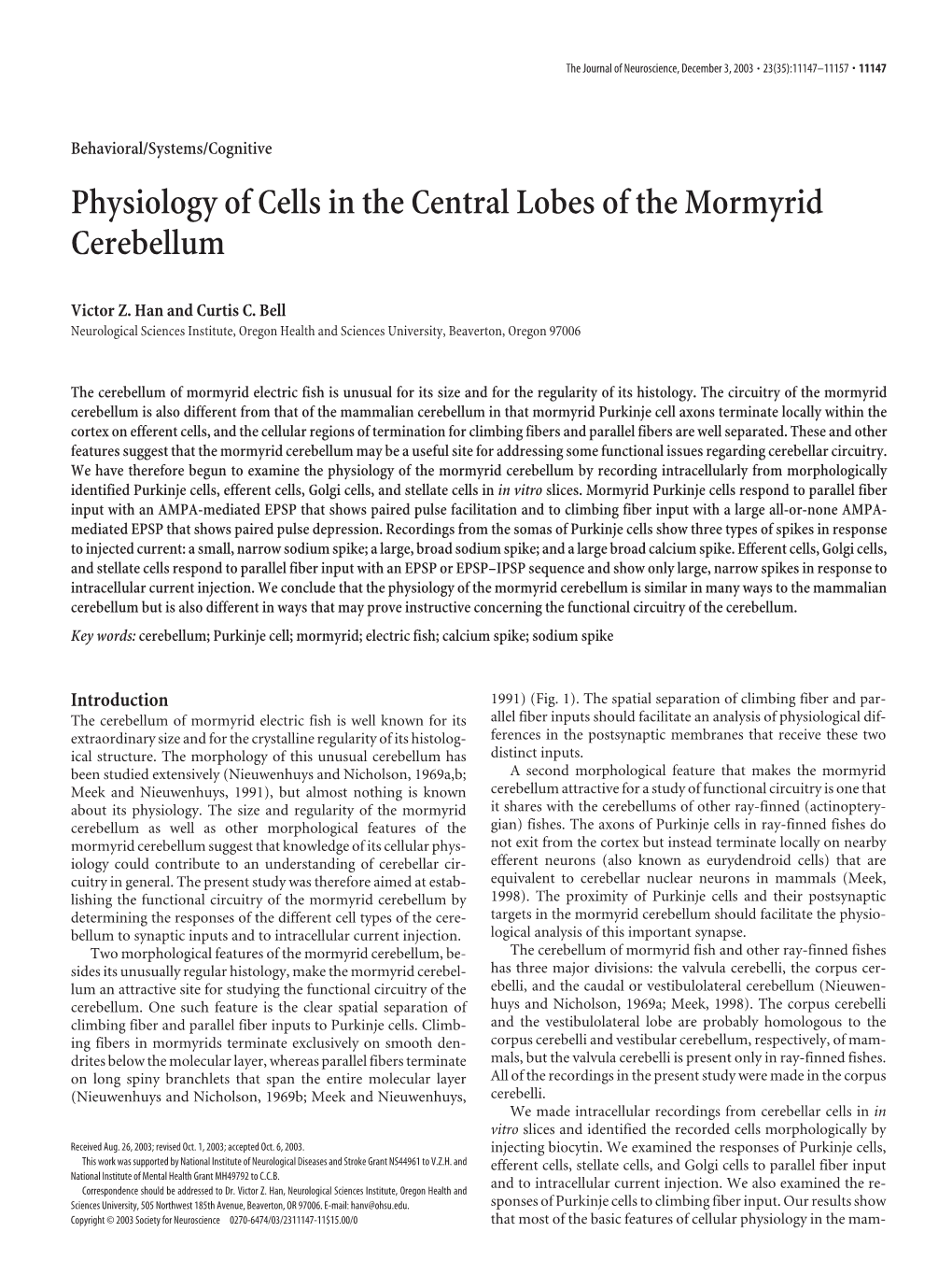 Physiology of Cells in the Central Lobes of the Mormyrid Cerebellum