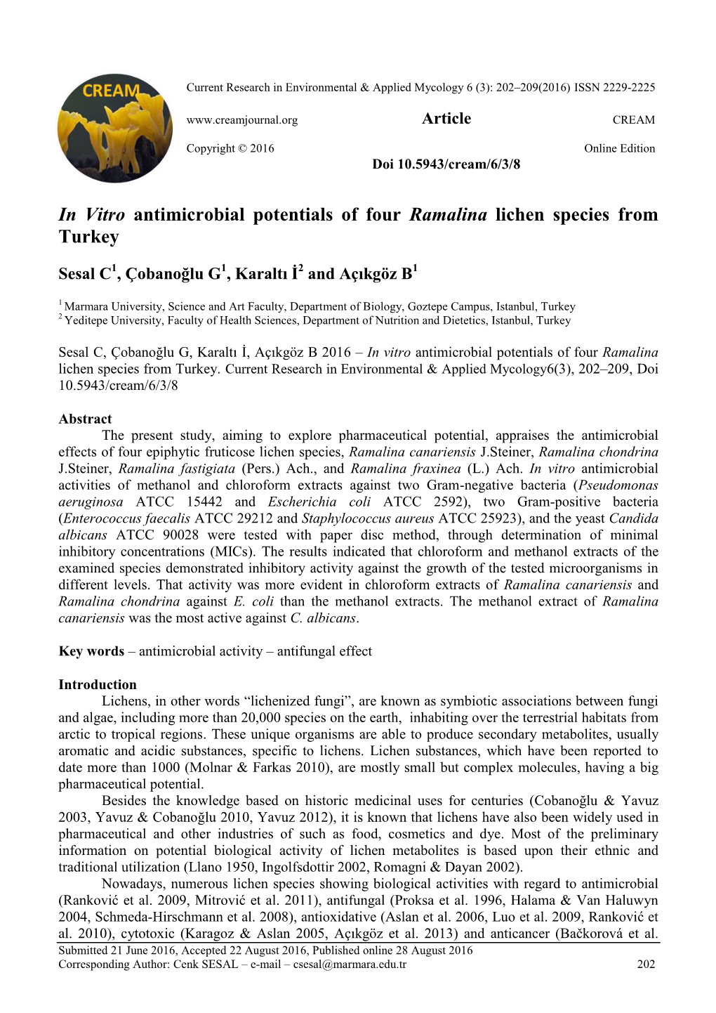 In Vitro Antimicrobial Potentials of Four Ramalina Lichen Species from Turkey