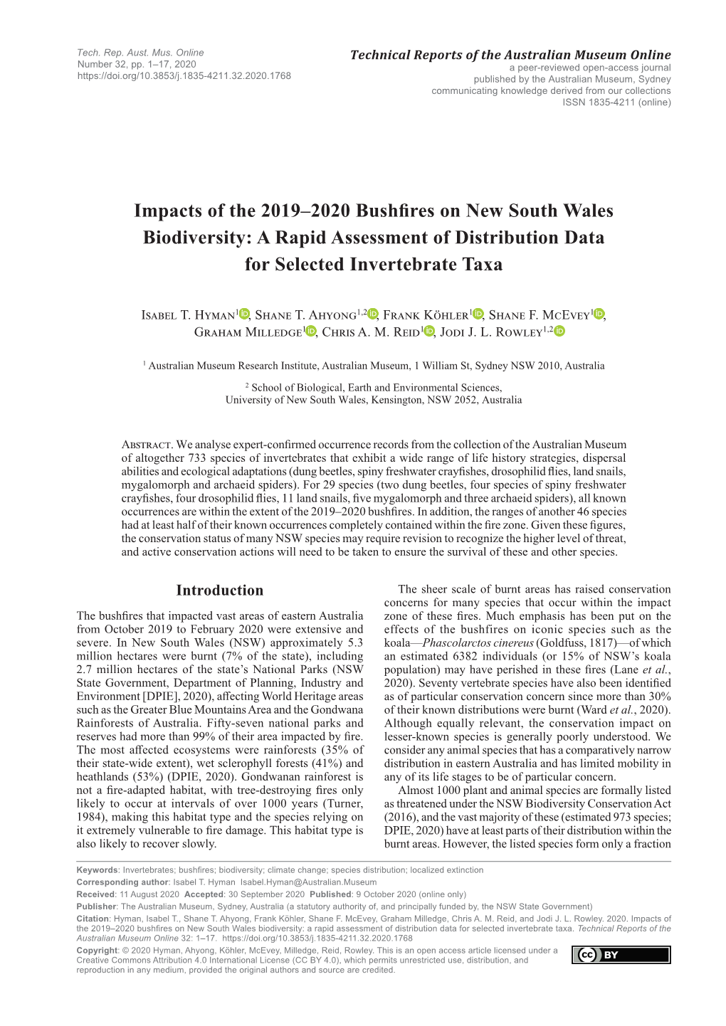 Impacts of the 2019–2020 Bushfires on New South Wales Biodiversity: a Rapid Assessment of Distribution Data for Selected Invertebrate Taxa