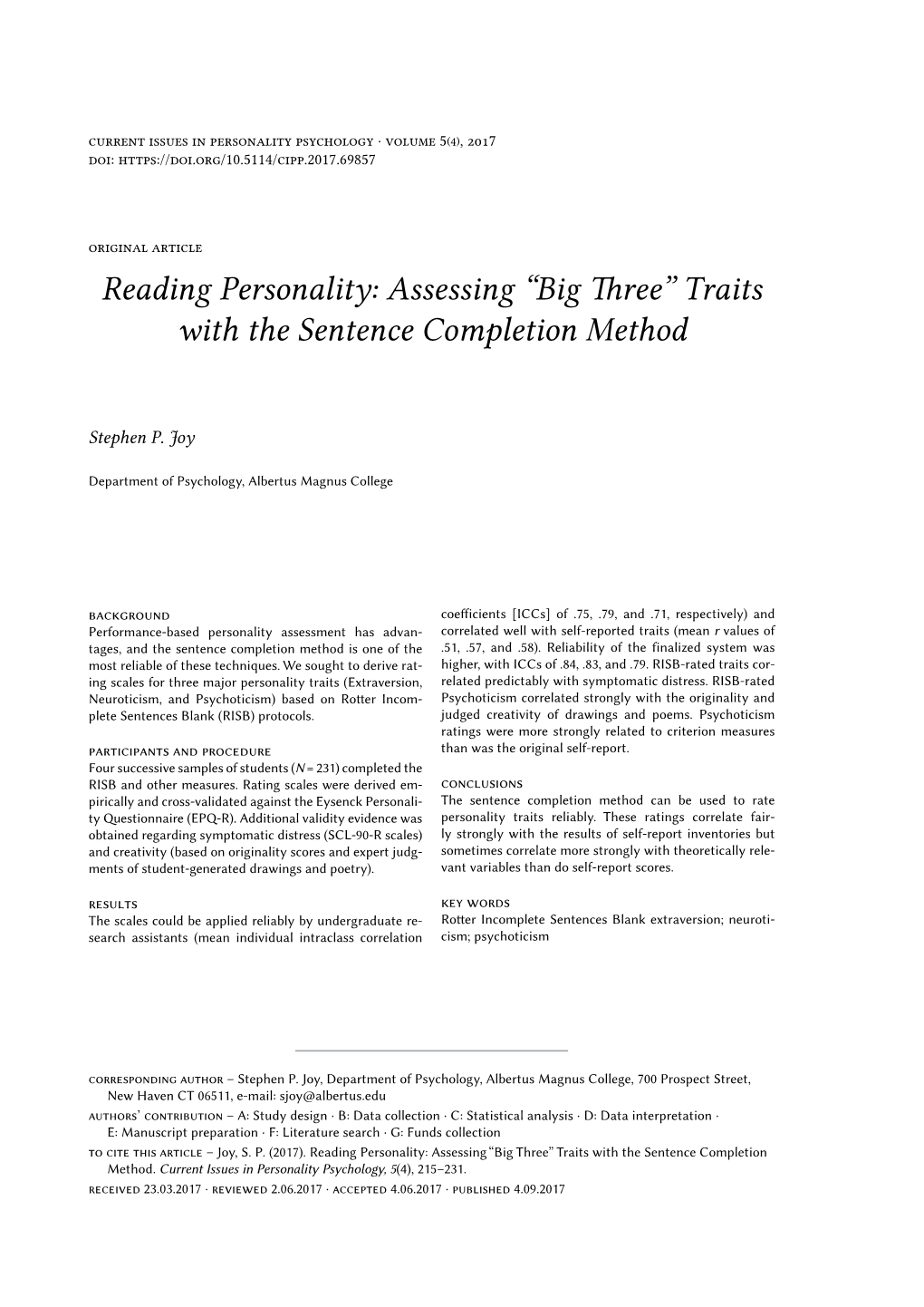 Reading Personality: Assessing “Big Three” Traits with the Sentence Completion Method