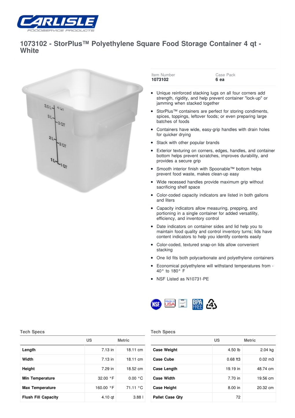 1073102 - Storplus™ Polyethylene Square Food Storage Container 4 Qt - White