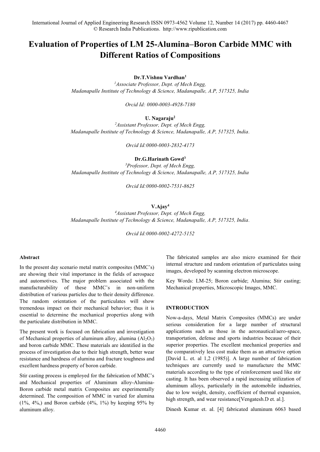 Evaluation of Properties of LM 25-Alumina–Boron Carbide MMC with Different Ratios of Compositions