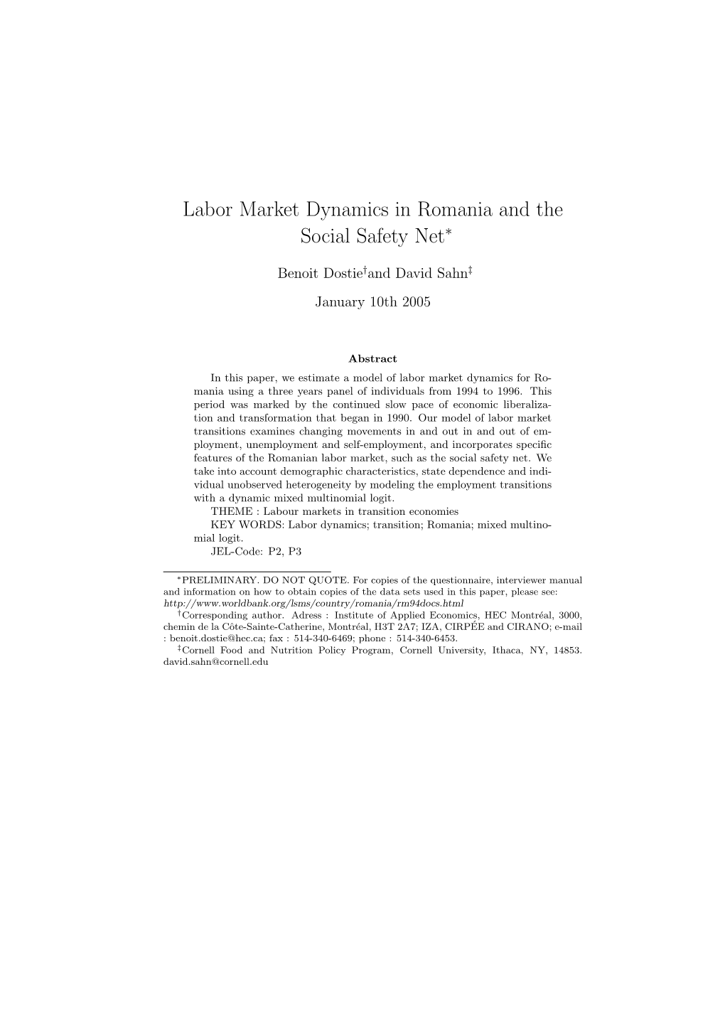 Labor Market Dynamics in Romania and the Social Safety Net∗