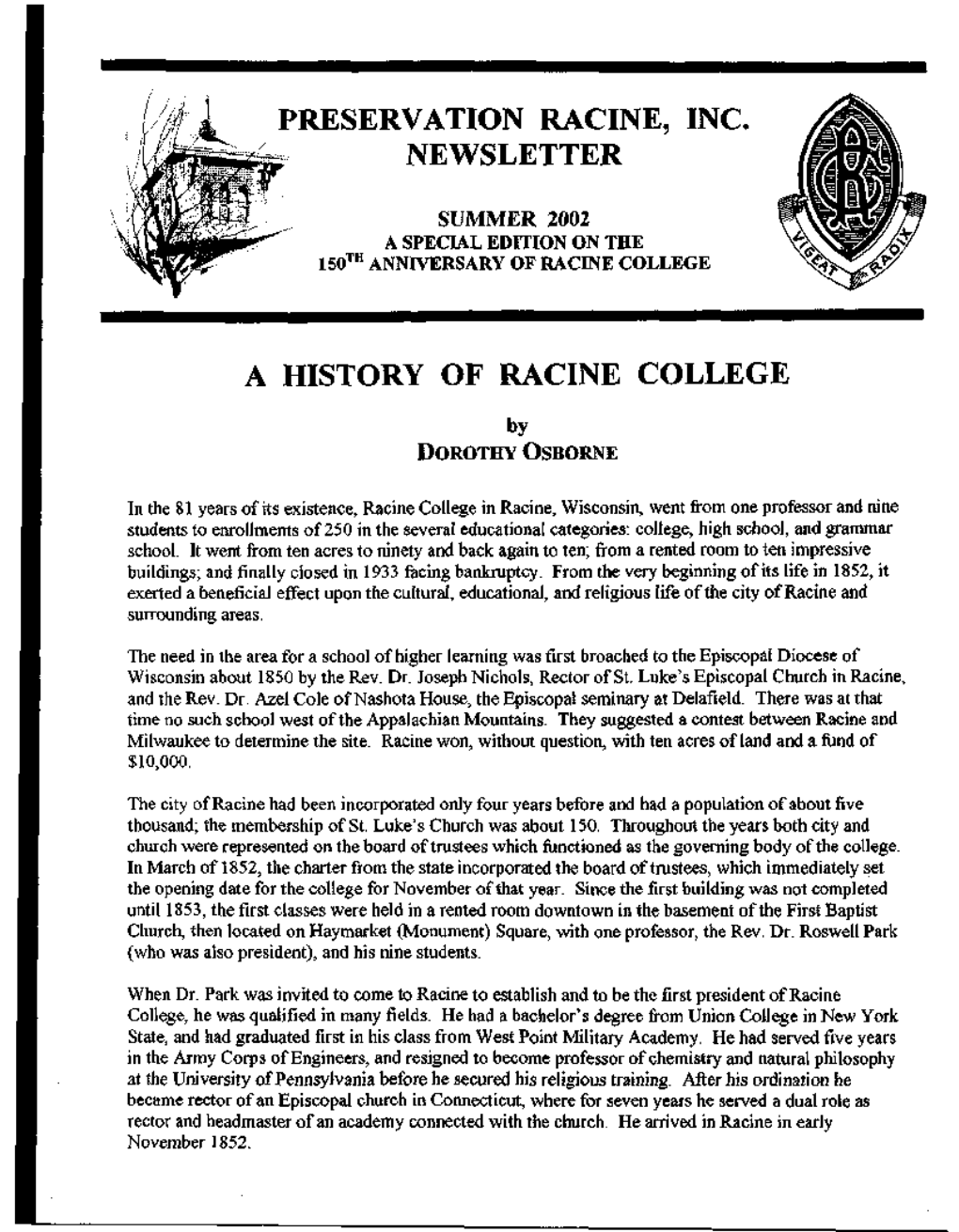 Preservation Racine, Inc Newsletter a History Of