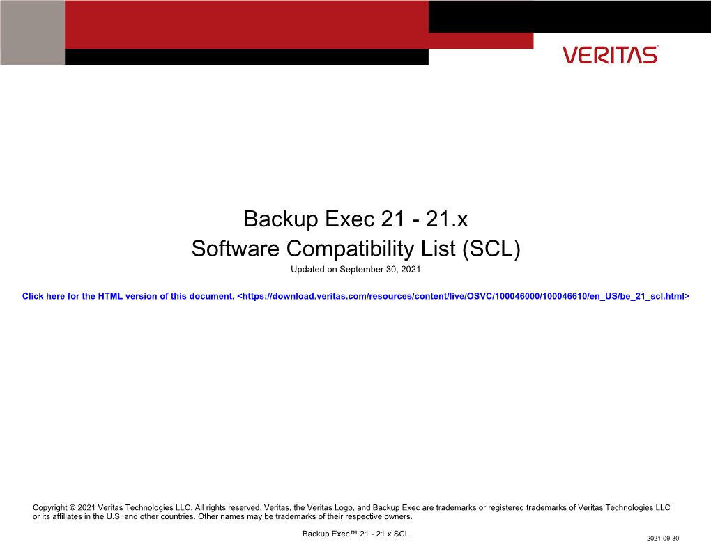 Backup Exec 21 - 21.X Software Compatibility List (SCL) Updated on September 30, 2021