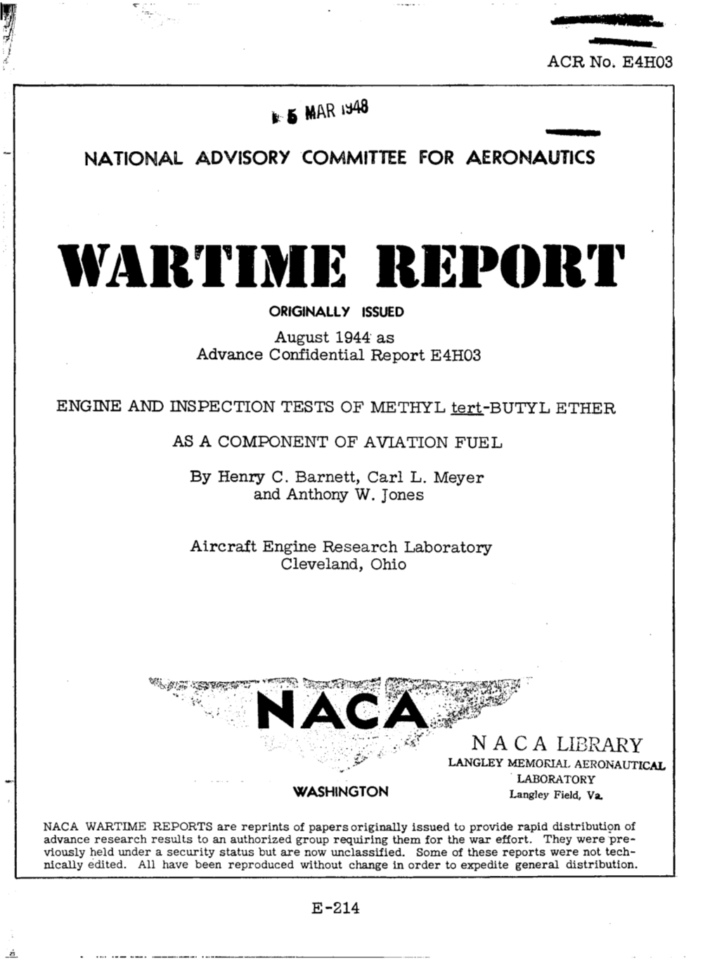 W“Urrmm RIM’BORT ORIGINALLYISSUED August 1944 As Advance Confidential Report E4H03