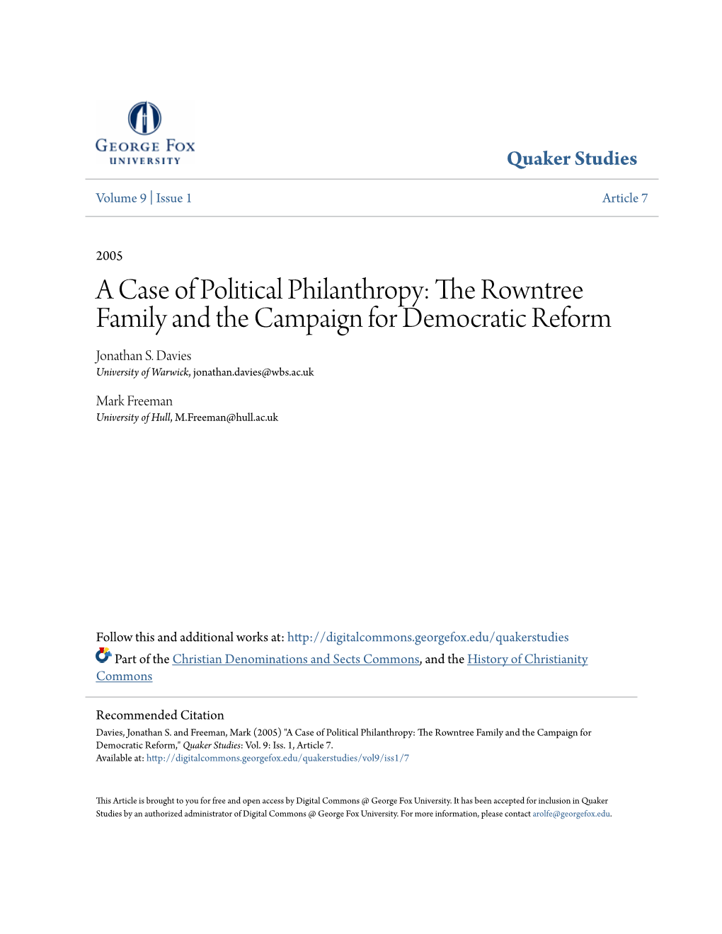 The Rowntree Family and the Campaign for Democratic Reform Jonathan S