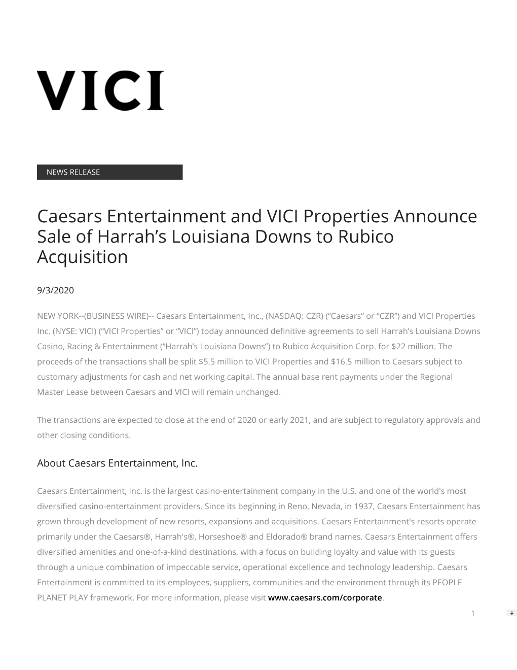 Caesars Entertainment and VICI Properties Announce Sale of Harrah’S Louisiana Downs to Rubico Acquisition