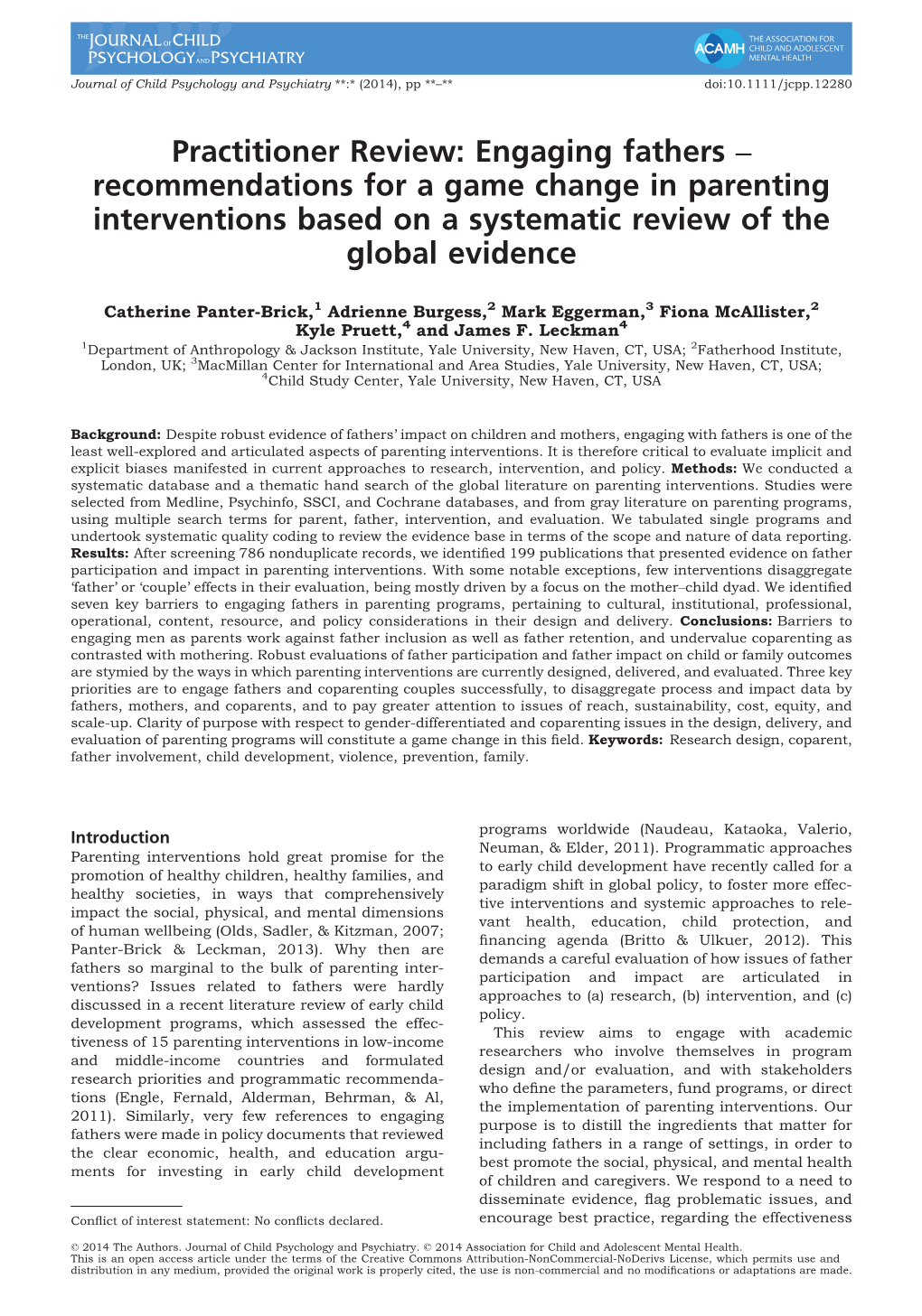 Engaging Fathers Recommendations for a Game Change in Parenting Interventions Based on a Systematic Review