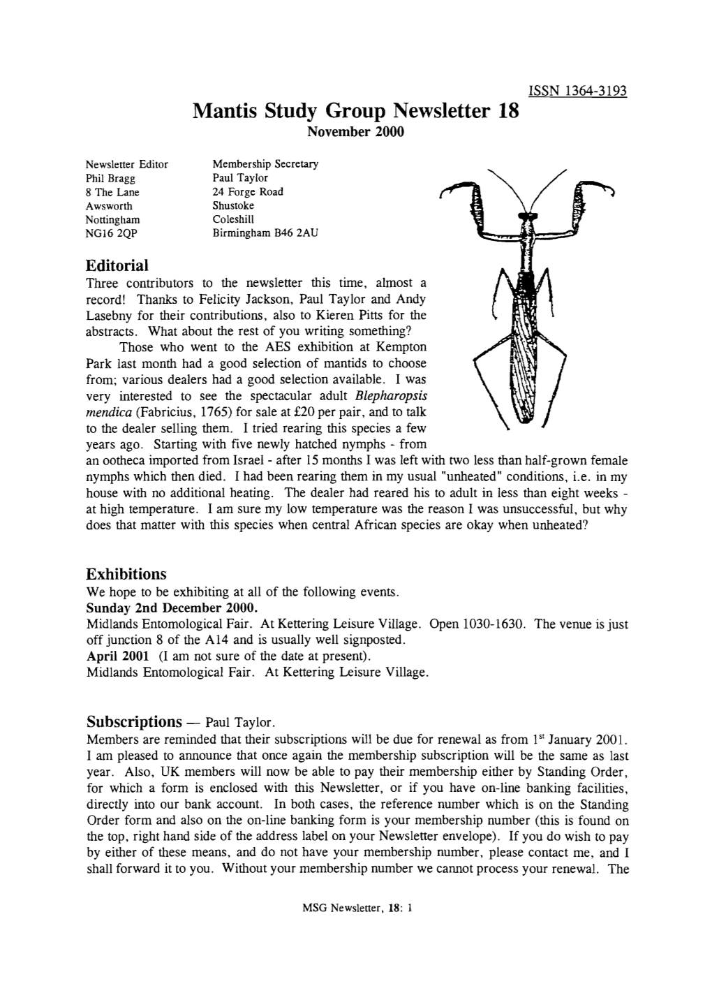 Mantis Study Group Newsletter 18 (November 2000)