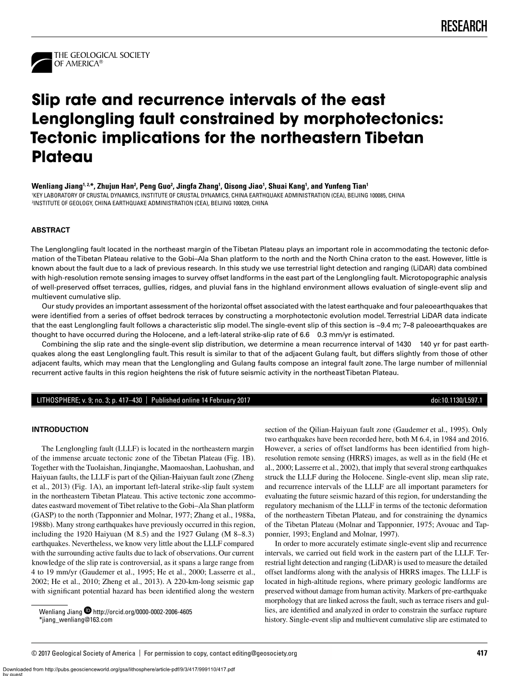 RESEARCH Slip Rate and Recurrence Intervals of The