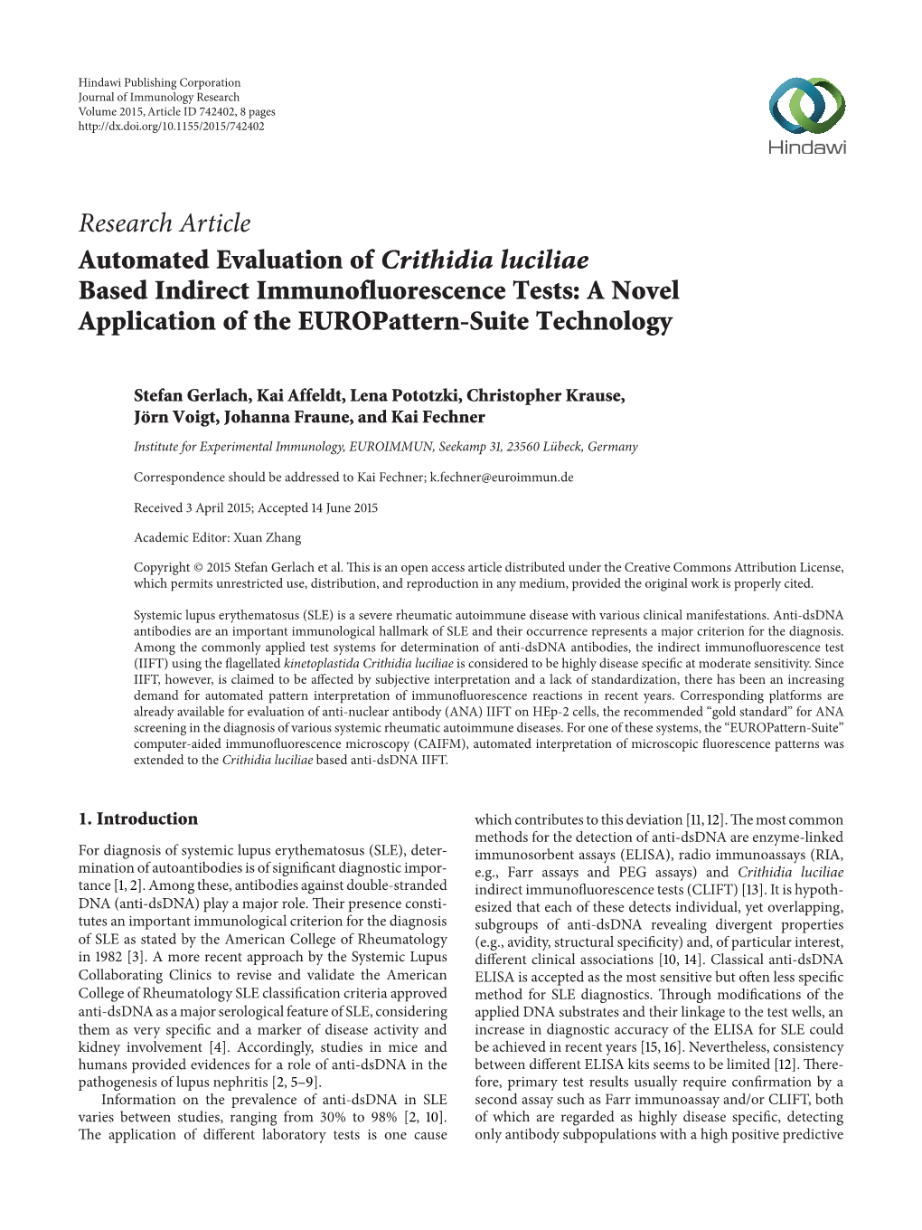 Automated Evaluation of Crithidia Luciliae Based Indirect Immunofluorescence Tests: a Novel Application of the Europattern-Suite Technology