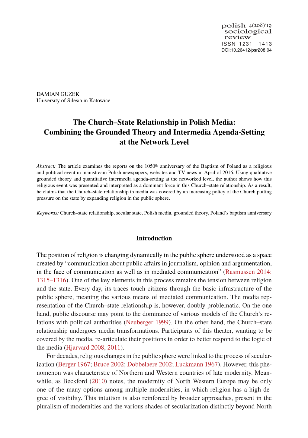 The Church–State Relationship in Polish Media: Combining the Grounded Theory and Intermedia Agenda-Setting at the Network Level