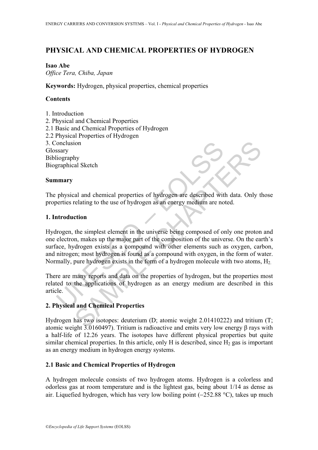 Physical and Chemical Properties of Hydrogen - Isao Abe