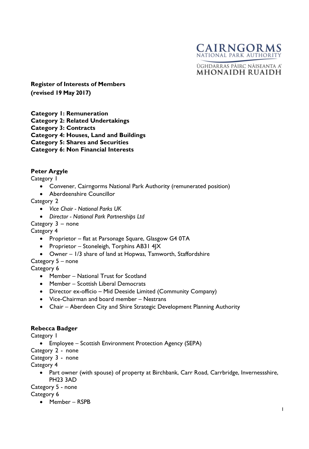 Register of Interests of Members (Revised 19 May 2017)