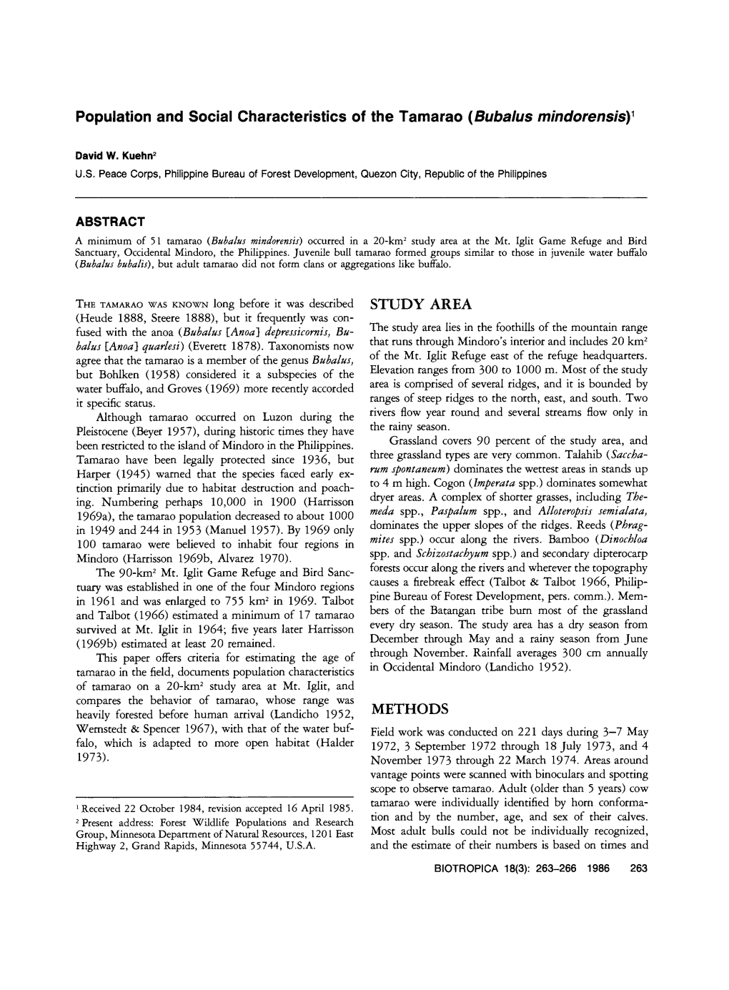 Population and Social Characteristics of the Tamarao (Bubalus Mindorensis)