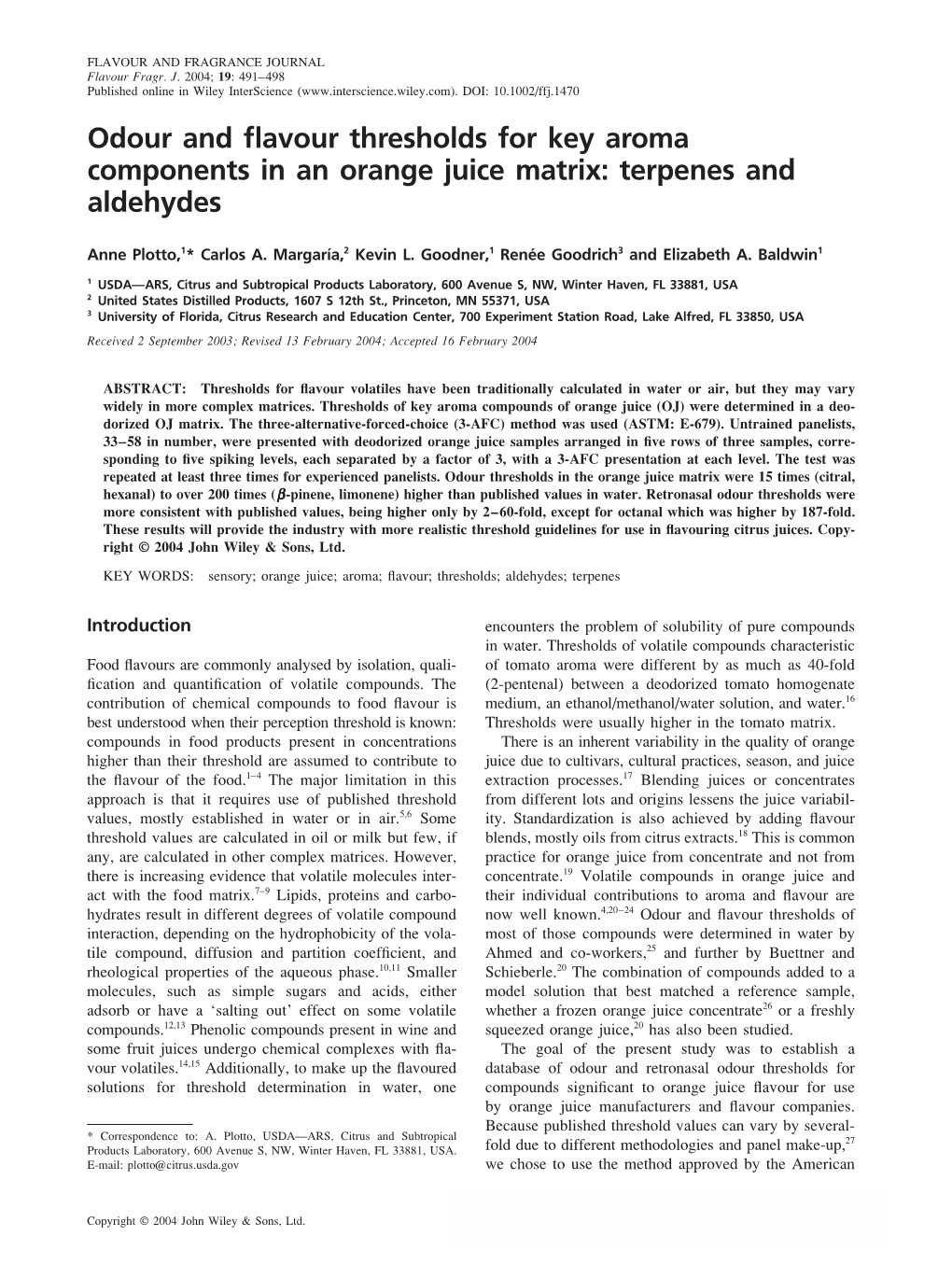 Odour and Flavour Thresholds for Key Aroma Components in an Orange