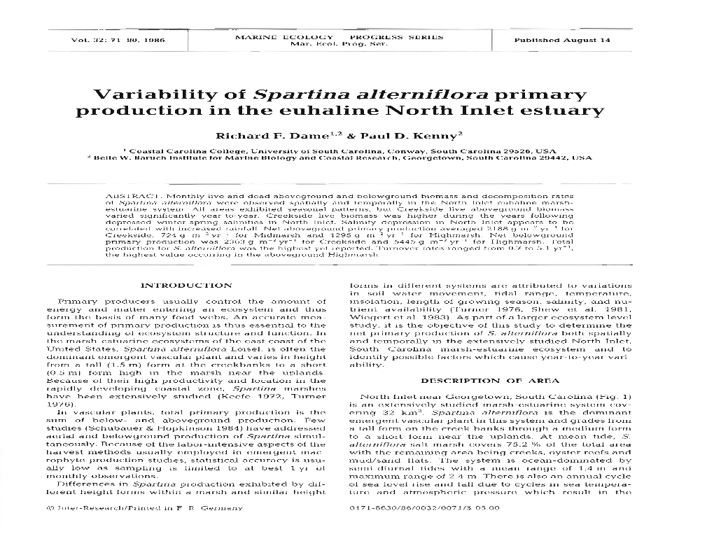 Variability of Spartina Alterniflora Primary Production in the Euhaline