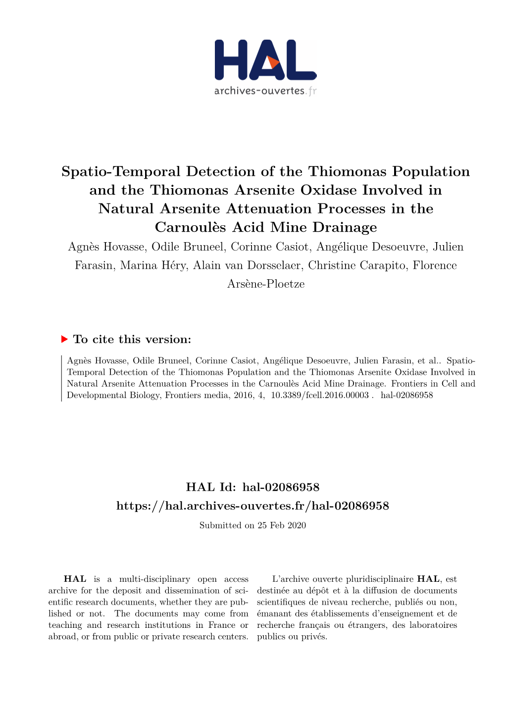 Spatio-Temporal Detection of the Thiomonas Population and The
