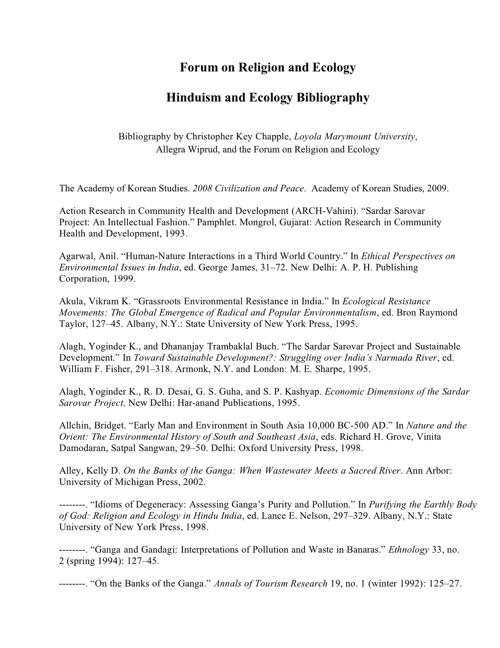 Forum on Religion and Ecology Hinduism and Ecology Bibliography