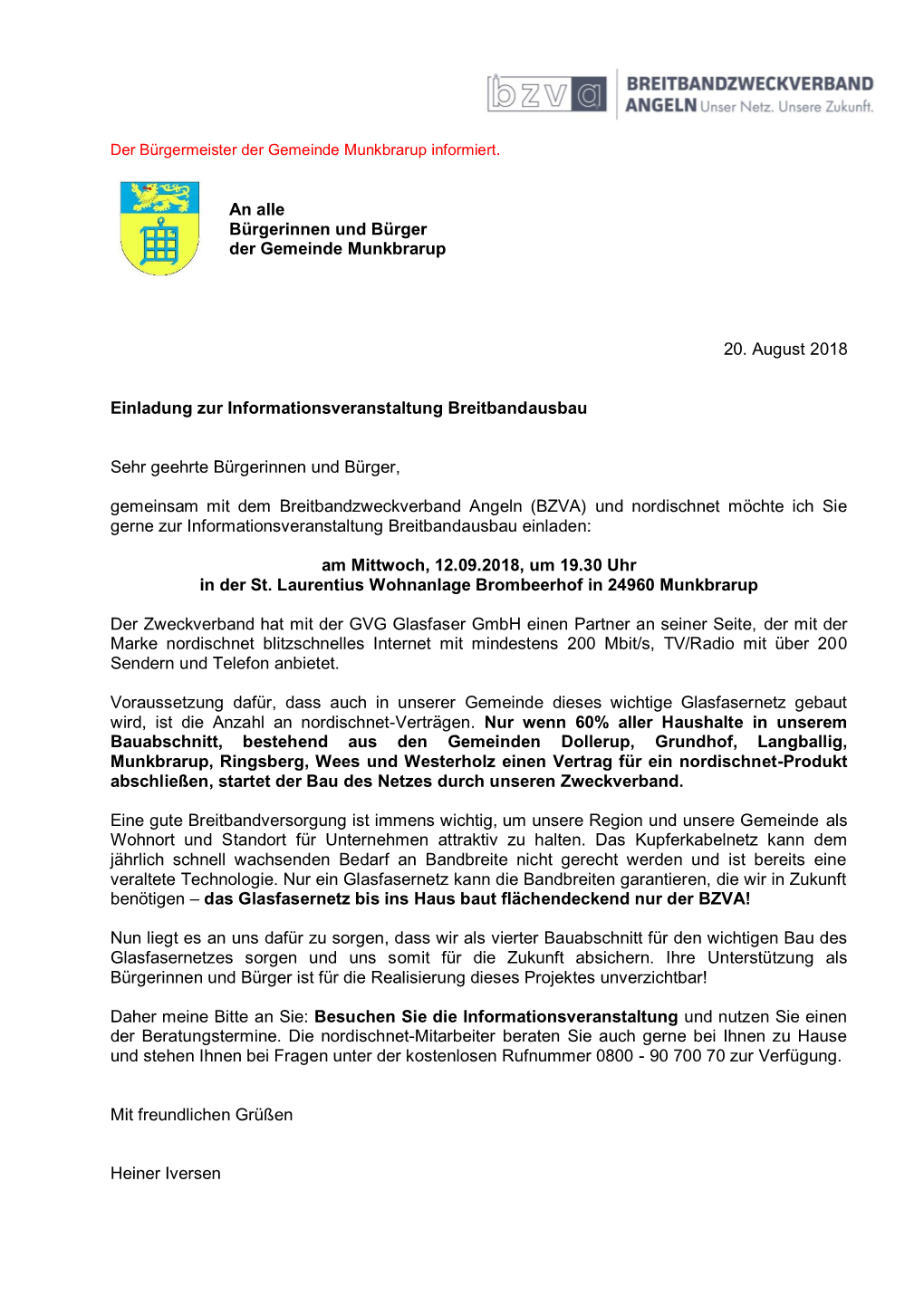 An Alle Bürgerinnen Und Bürger Der Gemeinde Munkbrarup 20. August 2018 Einladung Zur Informationsveranstaltung Breitbandausba