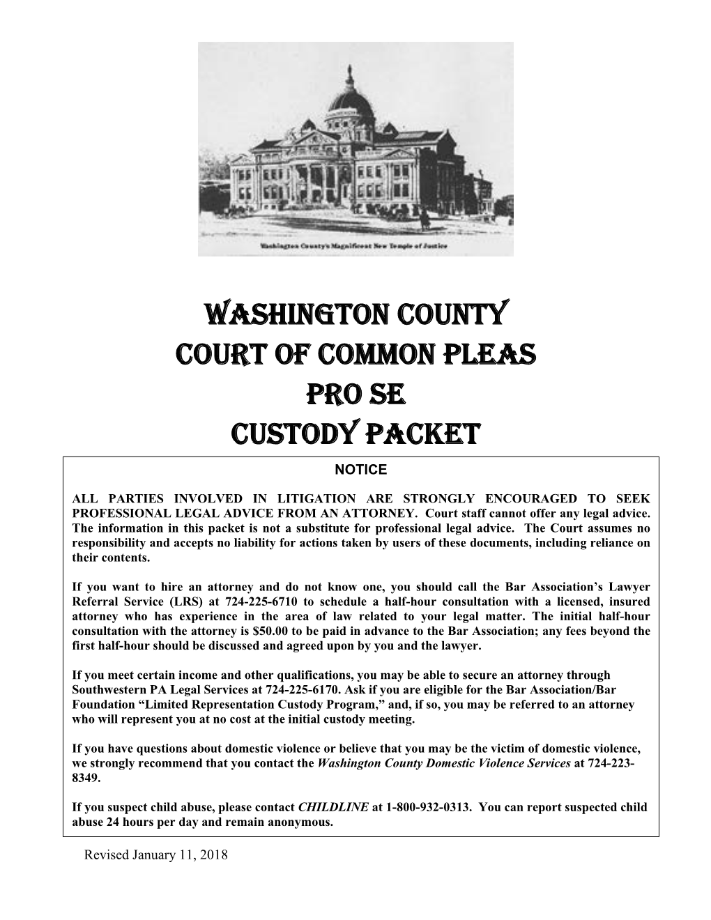 Washington County Court of Common Pleas Pro Se Custody Packet