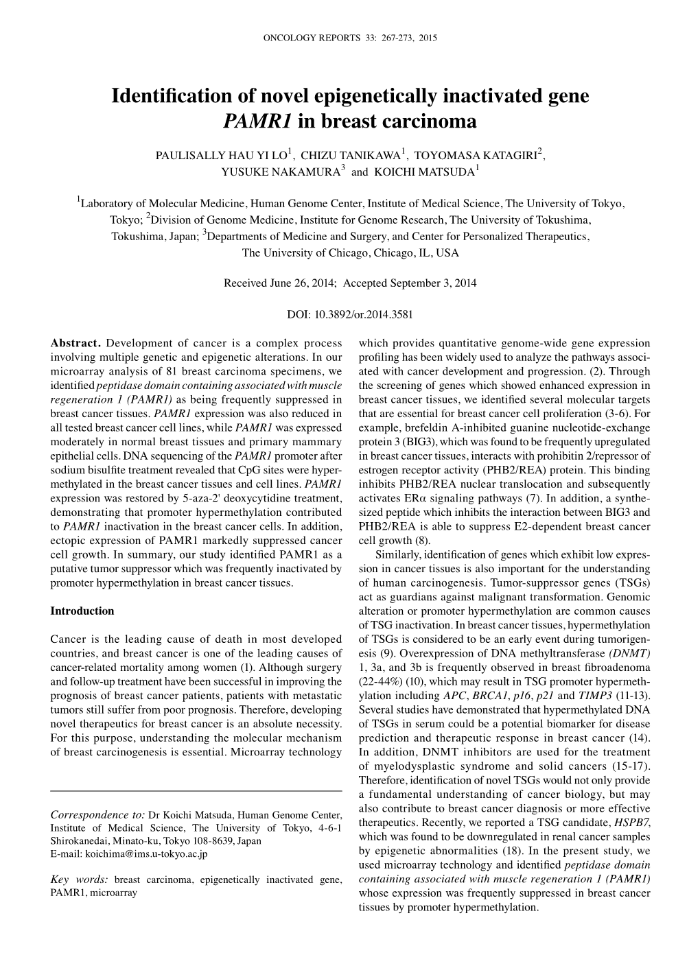 Identification of Novel Epigenetically Inactivated Gene PAMR1 in Breast Carcinoma