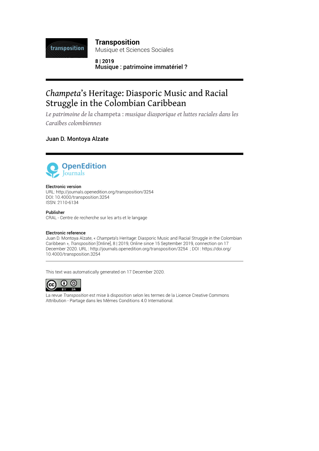 Transposition, 8 | 2019 Champeta’S Heritage: Diasporic Music and Racial Struggle in the Colombian Car