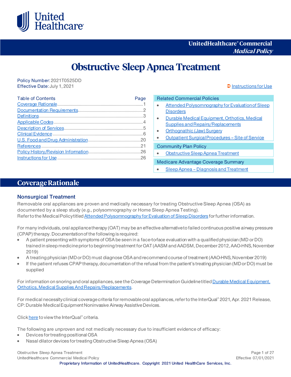 Obstructive Sleep Apnea Treatment – Commercial Medical Policy