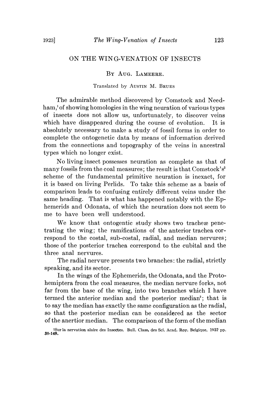 1923] on the Wing-Venation of Insects by Aug. Lameere