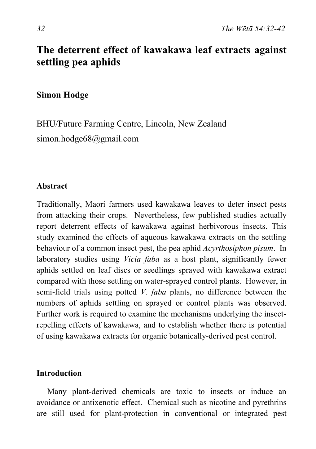 The Deterrent Effect of Kawakawa Leaf Extracts Against Settling Pea Aphids