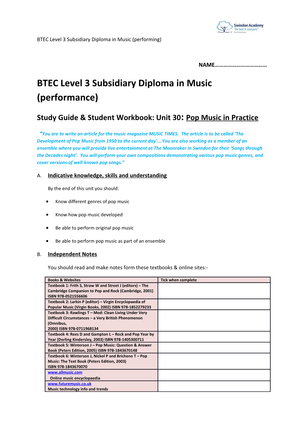 Study Guide & Student Workbook: Unit 30: Pop Music in Practice