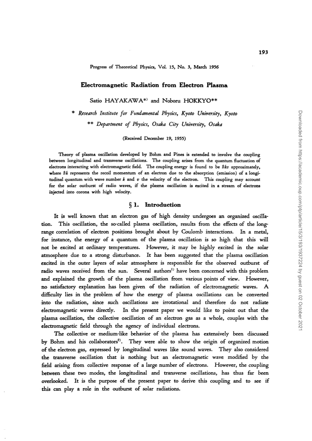 Electromagnetic Radiation from Electron Plasma § I. Introduction