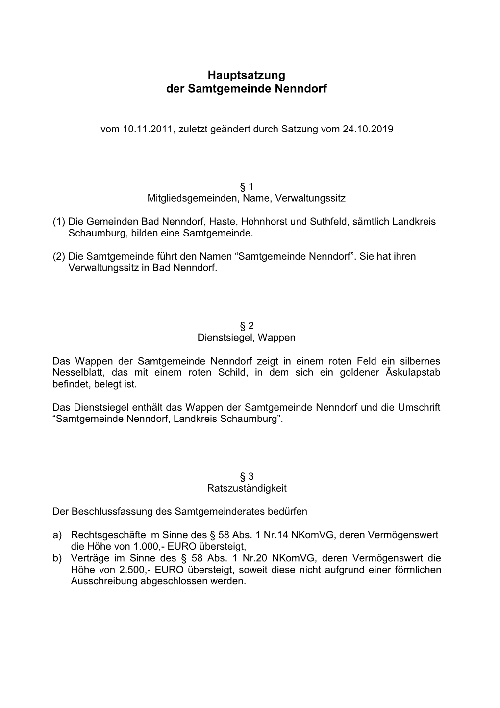 Hauptsatzung Der Samtgemeinde Nenndorf