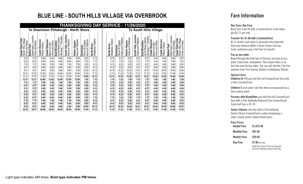 BLUE LINE - SOUTH HILLS VILLAGE VIA OVERBROOK Fare Information