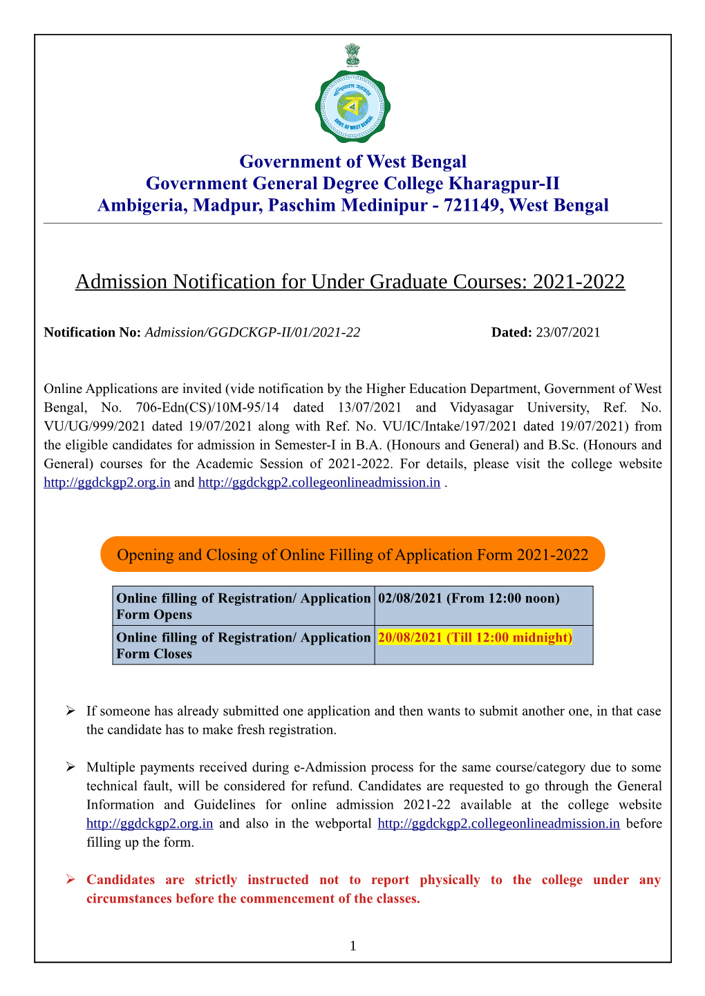 Admission Notification for Under Graduate Courses: 2021-2022