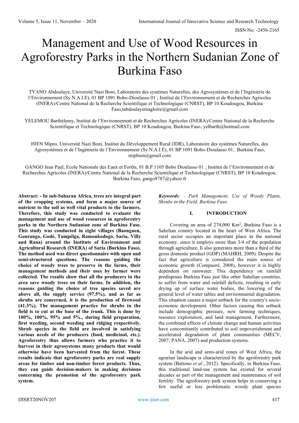 Management and Use of Wood Resources in Agroforestry Parks in the Northern Sudanian Zone of Burkina Faso