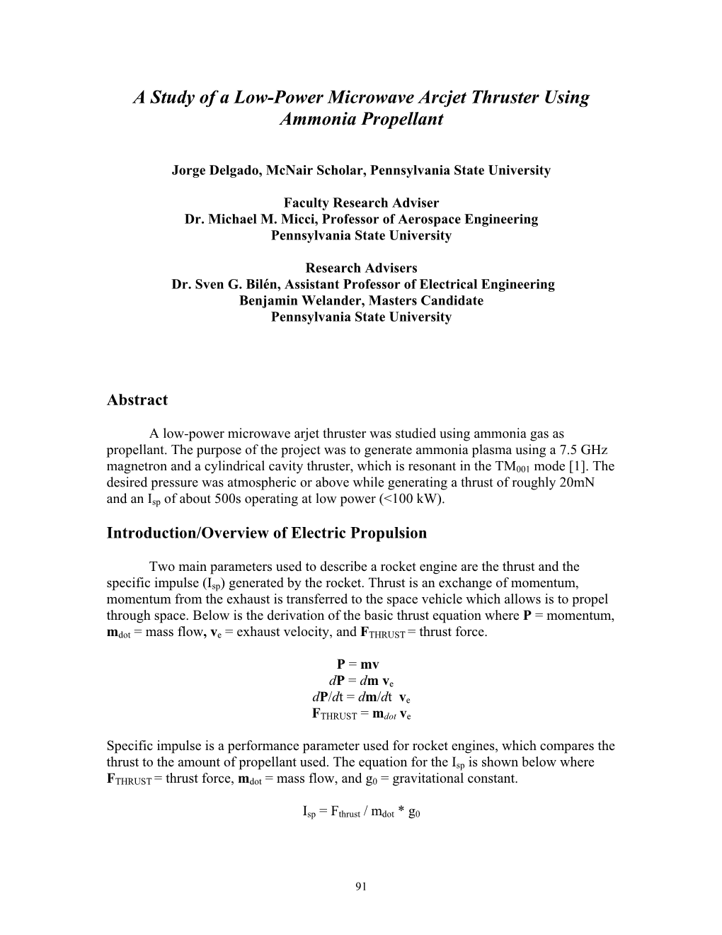 A Study of a Low-Power Microwave Arcjet Thruster Using Ammonia Propellant