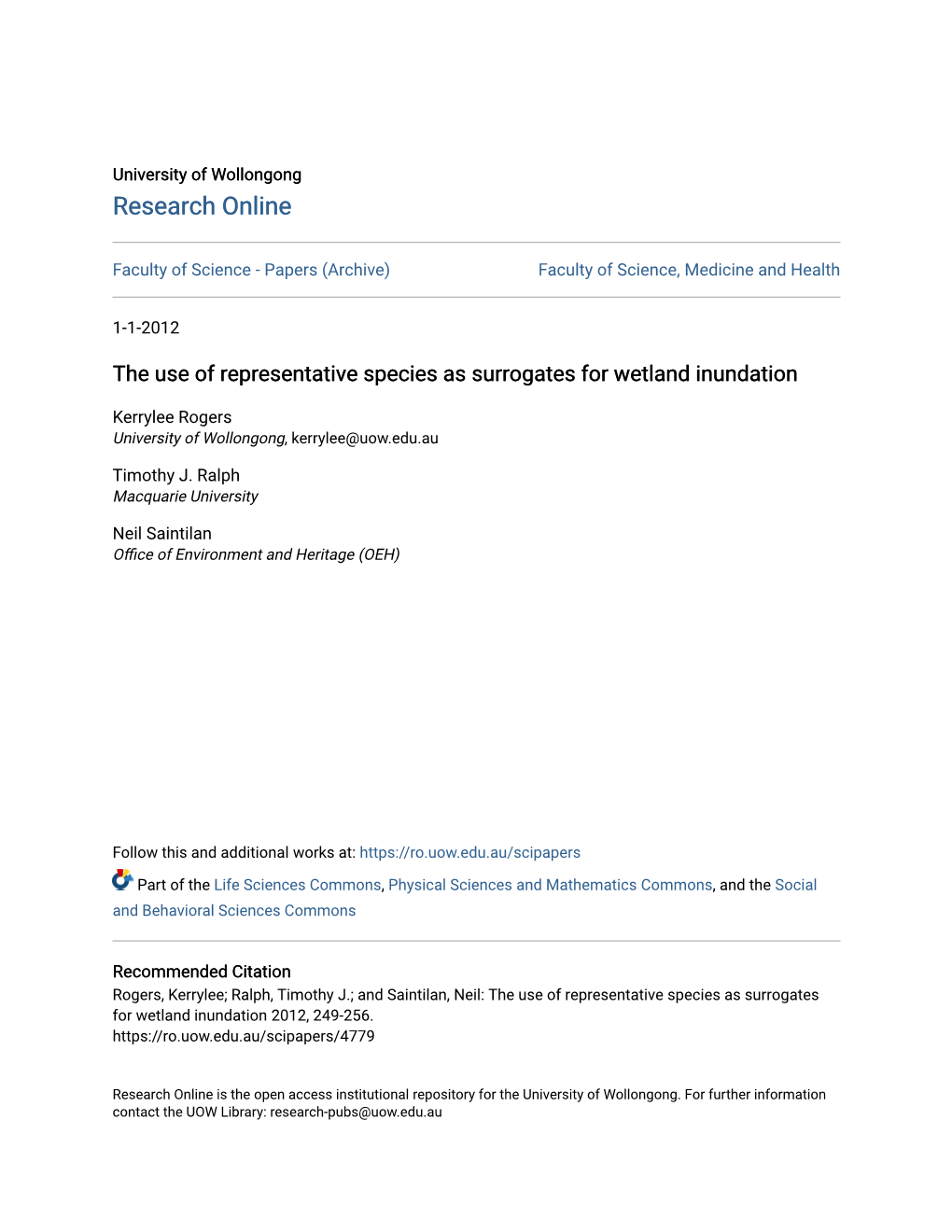 The Use of Representative Species As Surrogates for Wetland Inundation