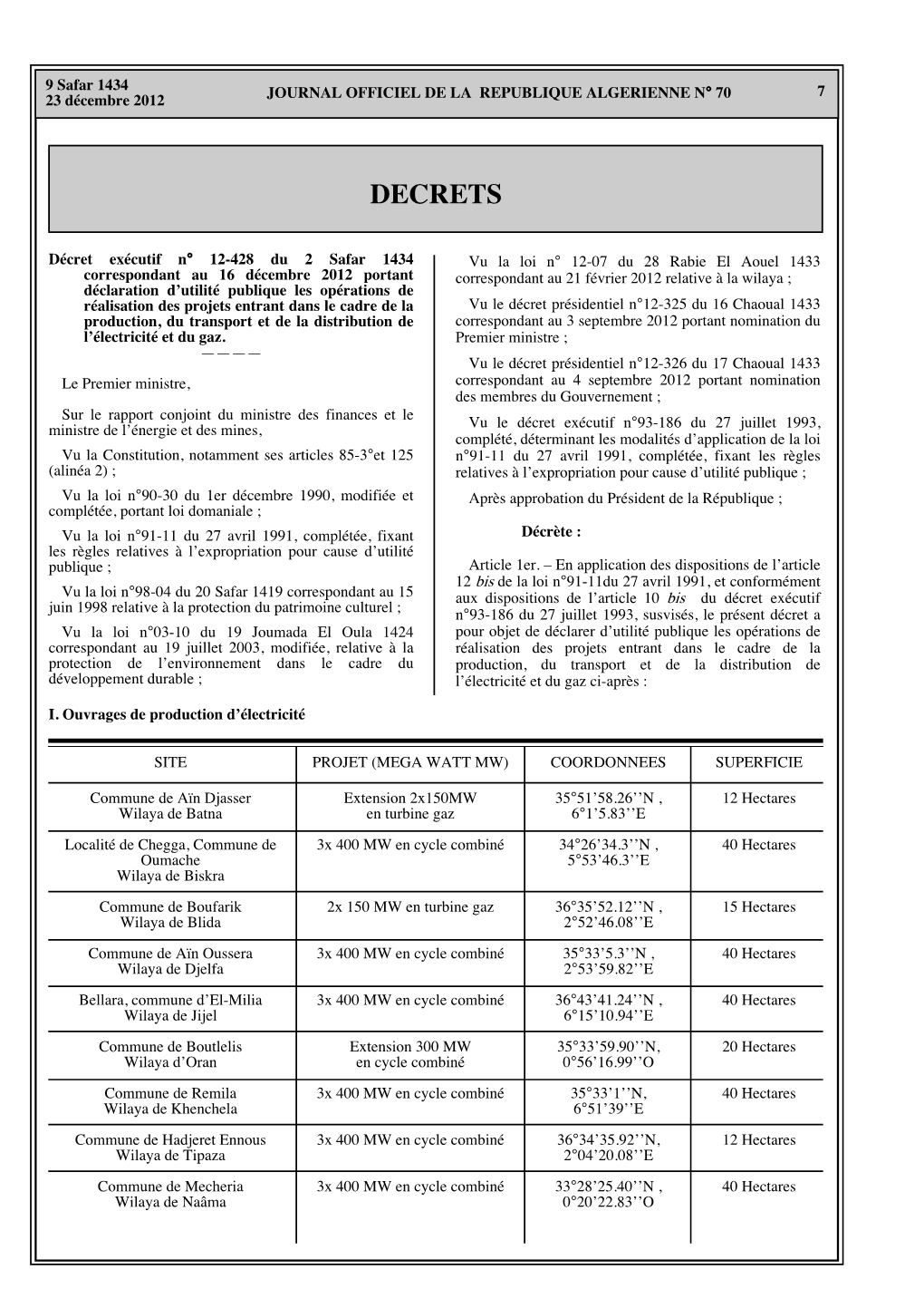 Décret Exécutif N° 12-428 Du 16 Décembre 2012 Portant Déclaration