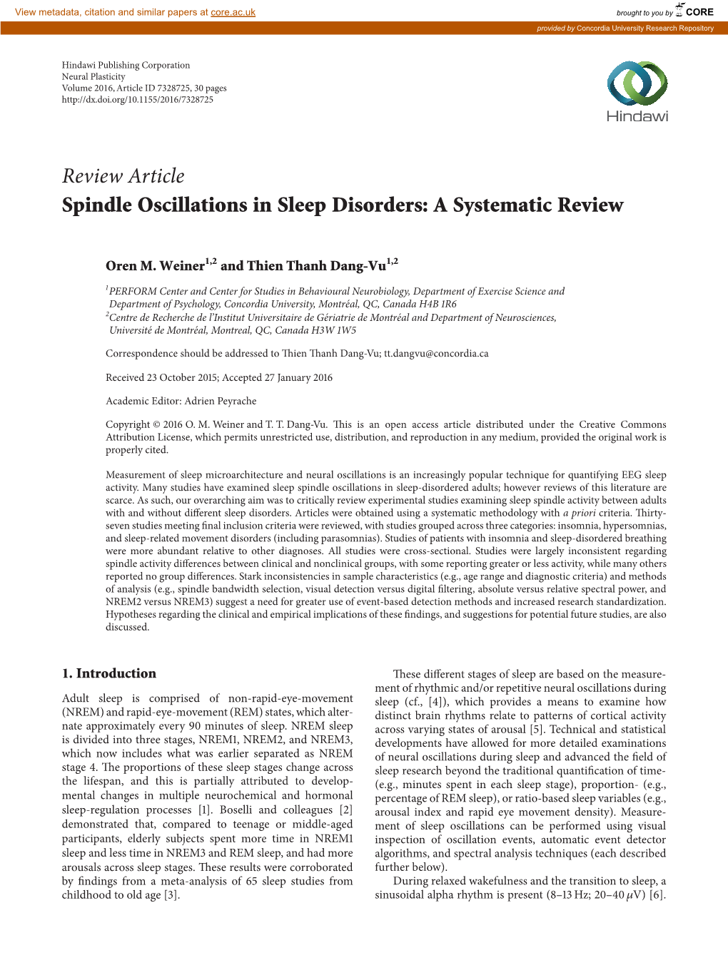 Review Article Spindle Oscillations in Sleep Disorders: a Systematic Review